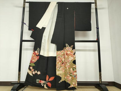 平和屋着物●アンティーク　大正ロマン　黒留袖　駒刺繍　飛鶴草花文　金銀糸　正絹　逸品　DABC2929ud