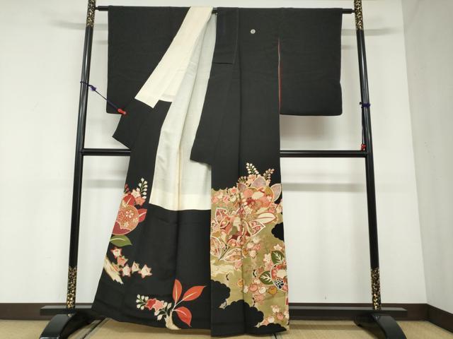 平和屋着物●アンティーク　大正ロマン　黒留袖　駒刺繍　飛鶴草花文　金銀糸　正絹　逸品　DABC2929ud