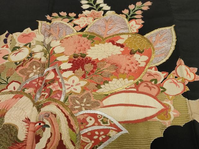 平和屋着物●アンティーク　大正ロマン　黒留袖　駒刺繍　飛鶴草花文　金銀糸　正絹　逸品　DABC2929ud