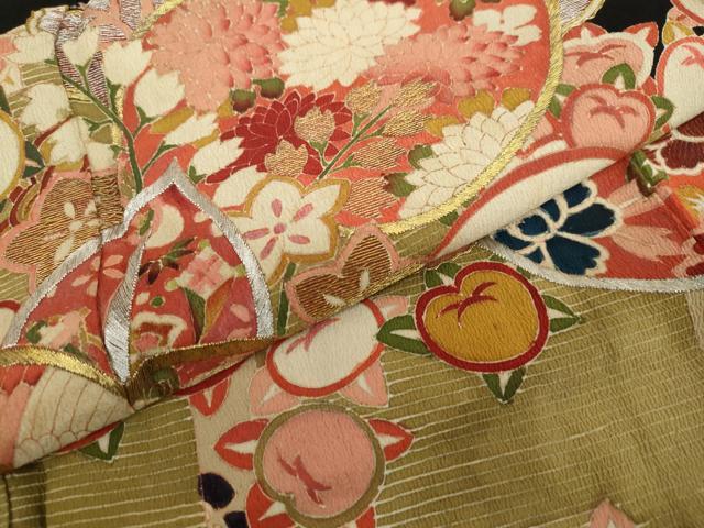 平和屋着物●アンティーク　大正ロマン　黒留袖　駒刺繍　飛鶴草花文　金銀糸　正絹　逸品　DABC2929ud