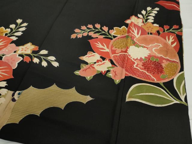 平和屋着物●アンティーク　大正ロマン　黒留袖　駒刺繍　飛鶴草花文　金銀糸　正絹　逸品　DABC2929ud