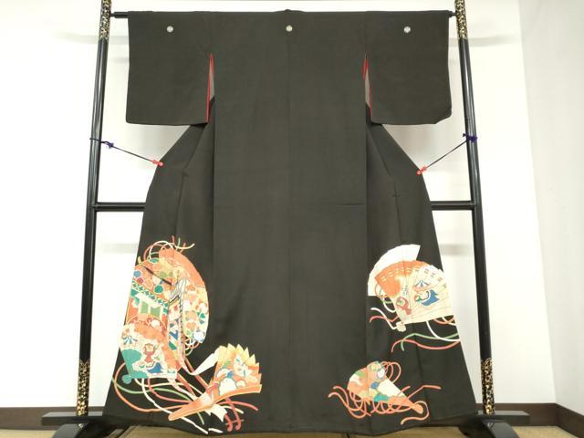 平和屋着物●アンティーク　大正ロマン　黒留袖　扇面御所車草花文　正絹　逸品　DABC2931ud