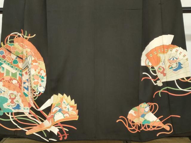 平和屋着物●アンティーク　大正ロマン　黒留袖　扇面御所車草花文　正絹　逸品　DABC2931ud