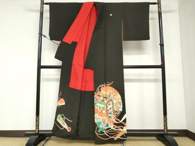 平和屋着物●アンティーク　大正ロマン　黒留袖　扇面御所車草花文　正絹　逸品　DABC2931ud