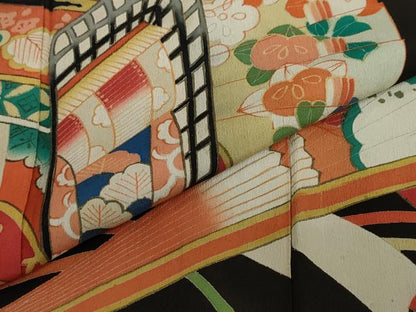 平和屋着物●アンティーク　大正ロマン　黒留袖　扇面御所車草花文　正絹　逸品　DABC2931ud
