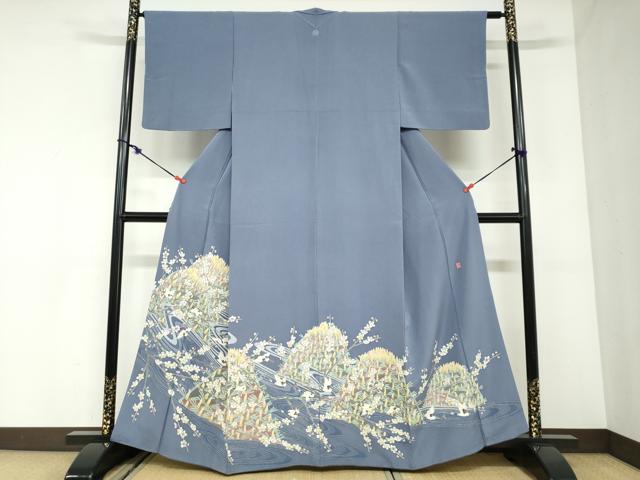 平和屋着物●豪華色留袖　友禅　作家物　流水飛鶴草花文　正絹　逸品　DABC2940ud
