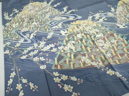 平和屋着物●豪華色留袖　友禅　作家物　流水飛鶴草花文　正絹　逸品　DABC2940ud