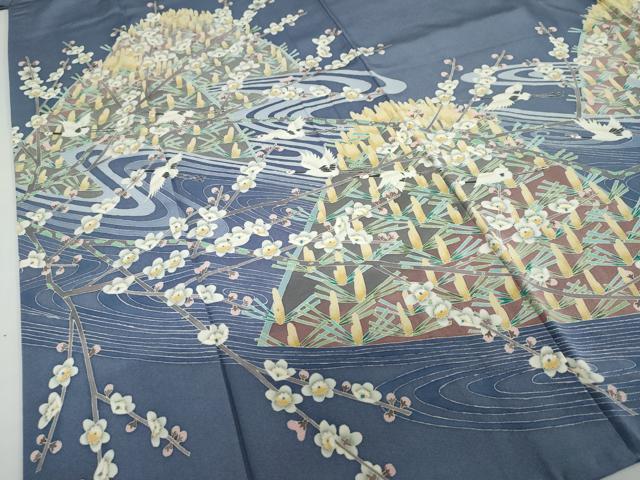 平和屋着物●豪華色留袖　友禅　作家物　流水飛鶴草花文　正絹　逸品　DABC2940ud