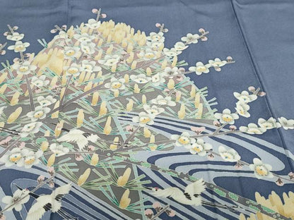 平和屋着物●豪華色留袖　友禅　作家物　流水飛鶴草花文　正絹　逸品　DABC2940ud