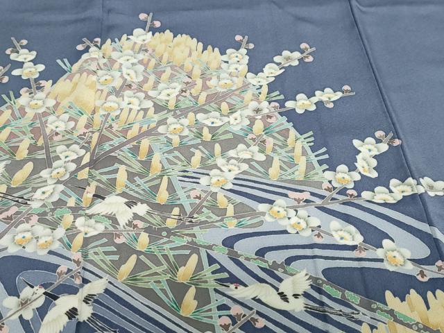 平和屋着物●豪華色留袖　友禅　作家物　流水飛鶴草花文　正絹　逸品　DABC2940ud