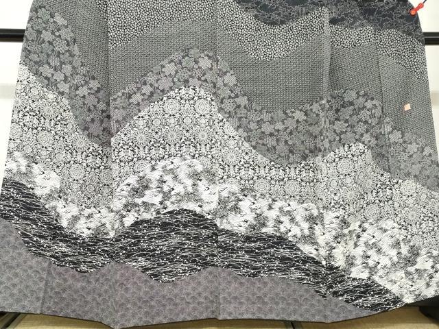 平和屋着物●伝統工芸士　赤塚順一　江戸小紋　訪問着　道長向かい鳥草花文　黒地　正絹　逸品　DABC2943ud