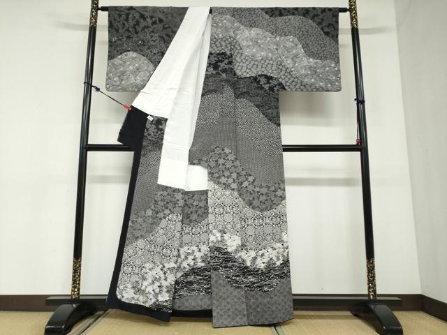 平和屋着物●伝統工芸士　赤塚順一　江戸小紋　訪問着　道長向かい鳥草花文　黒地　正絹　逸品　DABC2943ud