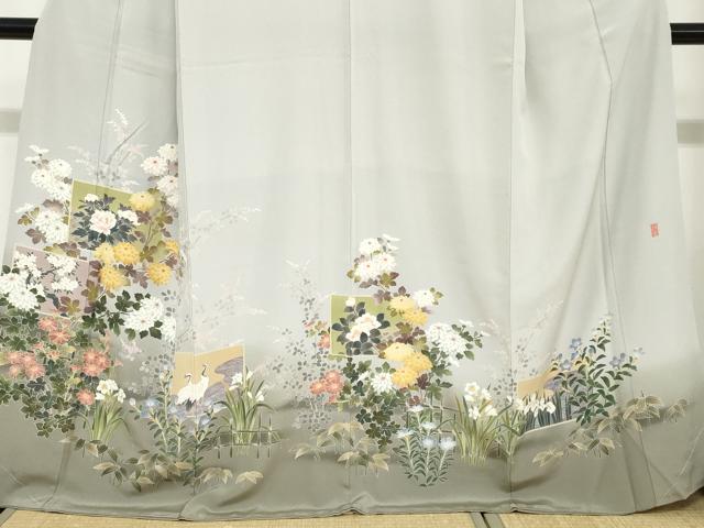 平和屋着物●十日町友禅作家　阿部佳雪　色留袖　流水双鶴草花文　暈し染め　ますいわ屋扱い　正絹　逸品　DABC2944ud 平和屋着物○十日町友禅作家 阿部佳雪 色留袖 流水双鶴草花