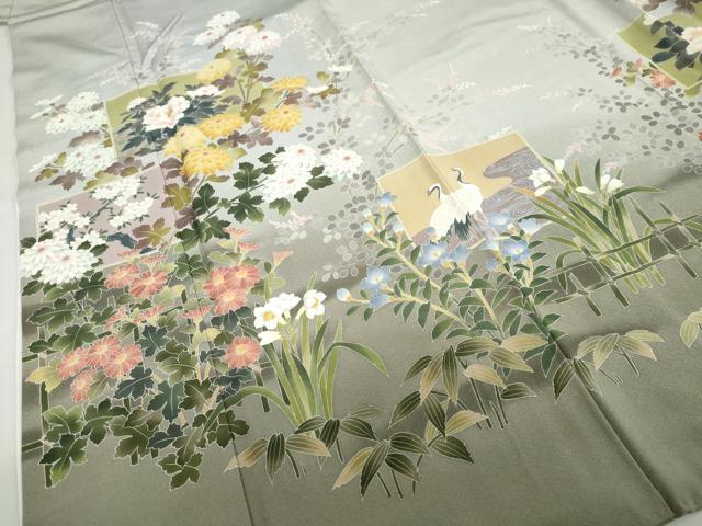 平和屋着物●十日町友禅作家　阿部佳雪　色留袖　流水双鶴草花文　暈し染め　ますいわ屋扱い　正絹　逸品　DABC2944ud 平和屋着物○十日町友禅作家 阿部佳雪 色留袖 流水双鶴草花