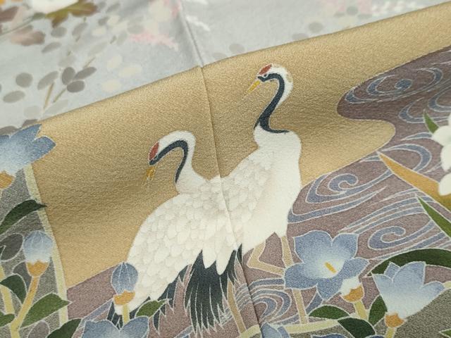 平和屋着物●十日町友禅作家　阿部佳雪　色留袖　流水双鶴草花文　暈し染め　ますいわ屋扱い　正絹　逸品　DABC2944ud 平和屋着物○十日町友禅作家 阿部佳雪 色留袖 流水双鶴草花