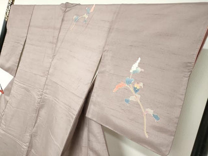 平和屋着物●訪問着　白山紬　友禅　草花文　正絹　逸品　DABC2946ud