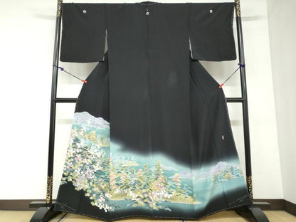 平和屋着物●十日町友禅作家　岡村蒼風　黒留袖　流水風景樹林文　暈し染め　正絹　逸品　未使用　DABC2948ud