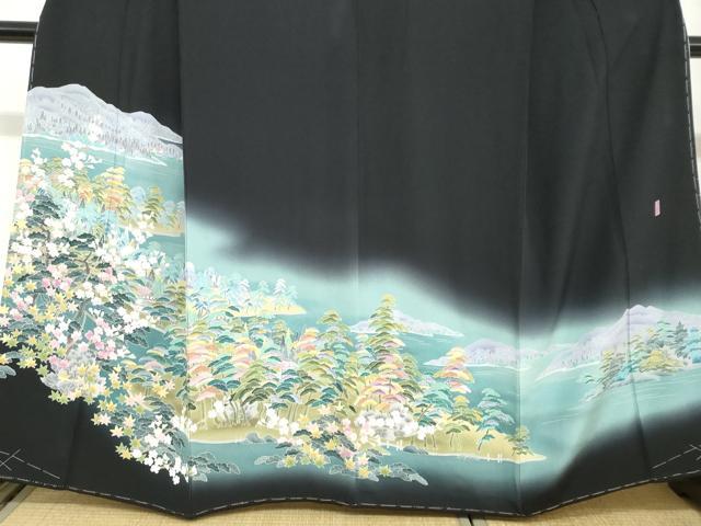 平和屋着物●十日町友禅作家　岡村蒼風　黒留袖　流水風景樹林文　暈し染め　正絹　逸品　未使用　DABC2948ud
