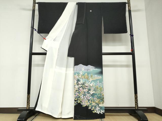 平和屋着物●十日町友禅作家　岡村蒼風　黒留袖　流水風景樹林文　暈し染め　正絹　逸品　未使用　DABC2948ud