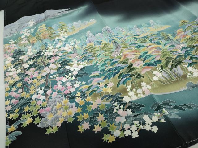 平和屋着物●十日町友禅作家　岡村蒼風　黒留袖　流水風景樹林文　暈し染め　正絹　逸品　未使用　DABC2948ud
