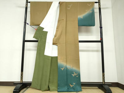 平和屋着物●染色作家　斉藤三才　訪問着　三才鳥　暈し染め　金彩　正絹　逸品　DABC2949ud