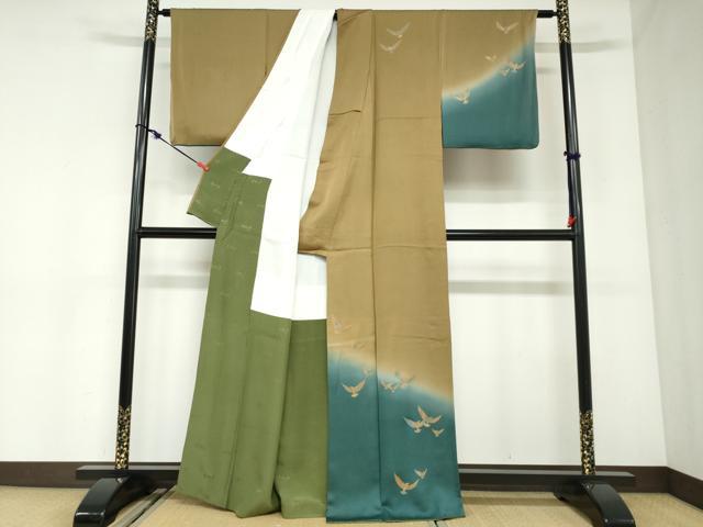 平和屋着物●染色作家　斉藤三才　訪問着　三才鳥　暈し染め　金彩　正絹　逸品　DABC2949ud