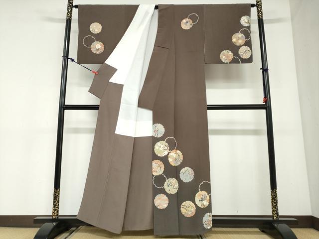 平和屋着物●訪問着　駒刺繍　雪輪草花文　金彩　正絹　逸品　DABC2950ud
