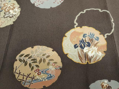 平和屋着物●訪問着　駒刺繍　雪輪草花文　金彩　正絹　逸品　DABC2950ud