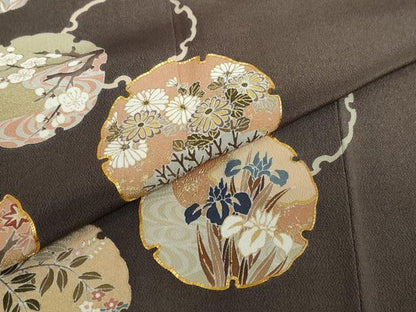 平和屋着物●訪問着　駒刺繍　雪輪草花文　金彩　正絹　逸品　DABC2950ud