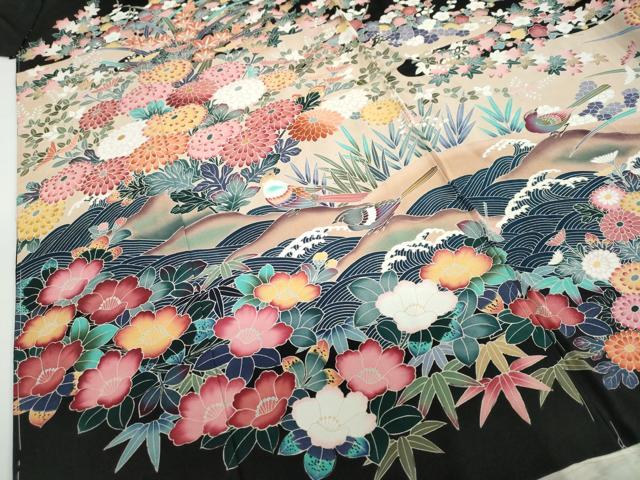 平和屋着物●豪華黒留袖　立波花鳥文　仮絵羽　正絹　逸品　未使用　DABC2955ud