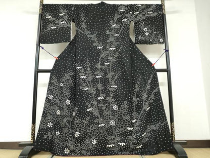 平和屋着物●訪問着　総絞り　草花文　黒地　正絹　逸品　DABC2958ud