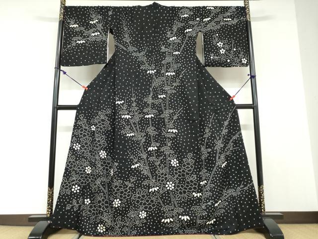 平和屋着物●訪問着　総絞り　草花文　黒地　正絹　逸品　DABC2958ud