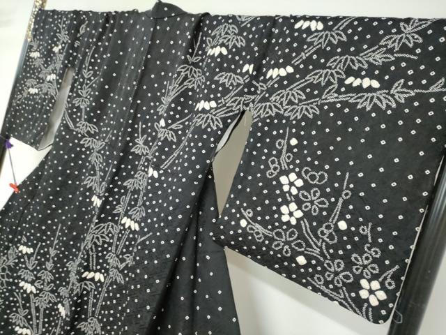 平和屋着物●訪問着　総絞り　草花文　黒地　正絹　逸品　DABC2958ud