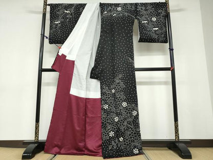 平和屋着物●訪問着　総絞り　草花文　黒地　正絹　逸品　DABC2958ud