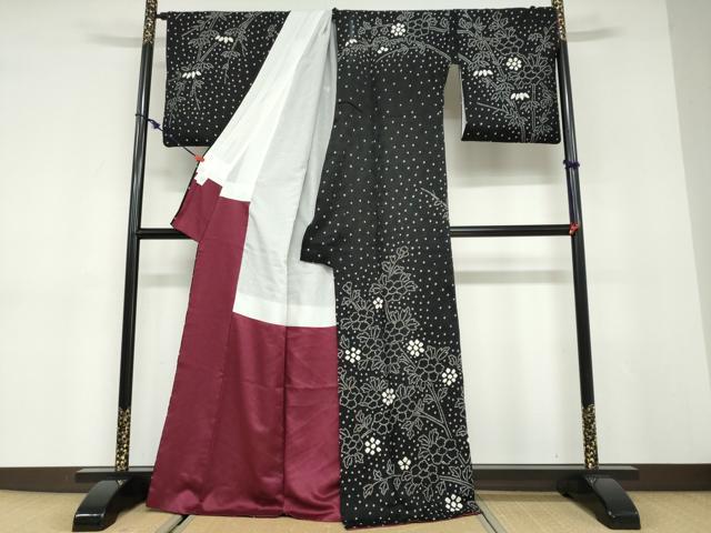 平和屋着物●訪問着　総絞り　草花文　黒地　正絹　逸品　DABC2958ud