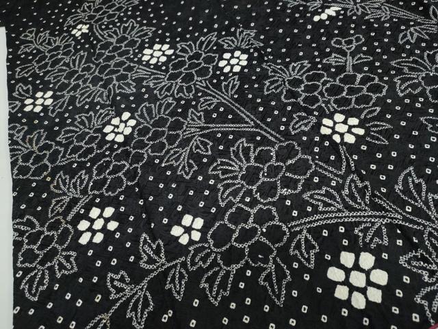 平和屋着物●訪問着　総絞り　草花文　黒地　正絹　逸品　DABC2958ud