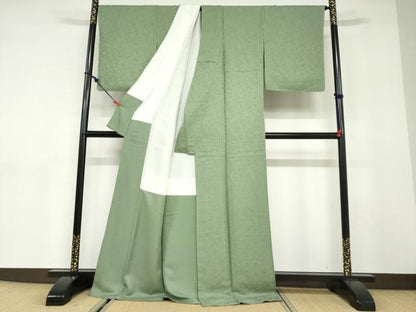 平和屋着物●上質な色無地　枝葉地紋　松葉色　正絹　逸品　未使用　DABC2971ud