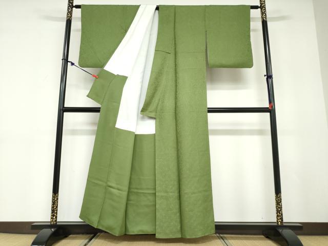 平和屋着物●上質な色無地　南天地紋　草色　正絹　逸品　DABC2973ud
