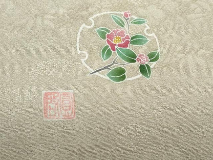 平和屋着物●上質な色無地　作家物　花色恵　草花地紋　利休白茶色　さが美扱い　証紙付き　正絹　逸品　DABC2982ud