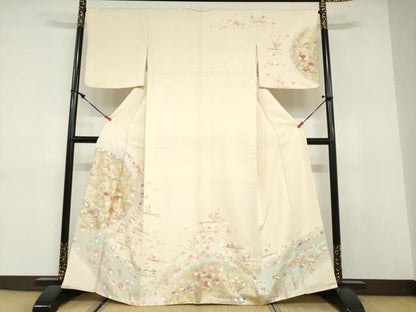 平和屋着物●訪問着　駒刺繍　扇面草花文　暈し染め　金銀彩　正絹　逸品　DABC2988ud