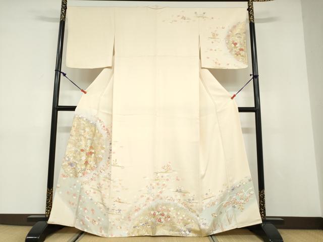 平和屋着物●訪問着　駒刺繍　扇面草花文　暈し染め　金銀彩　正絹　逸品　DABC2988ud