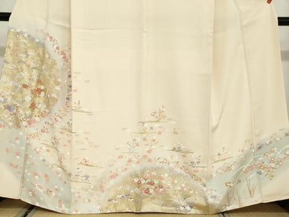 平和屋着物●訪問着　駒刺繍　扇面草花文　暈し染め　金銀彩　正絹　逸品　DABC2988ud