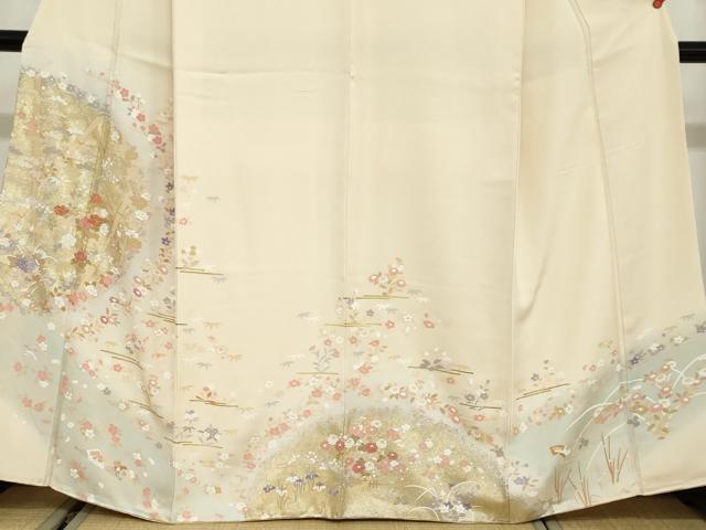 平和屋着物●訪問着　駒刺繍　扇面草花文　暈し染め　金銀彩　正絹　逸品　DABC2988ud