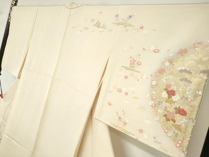 平和屋着物●訪問着　駒刺繍　扇面草花文　暈し染め　金銀彩　正絹　逸品　DABC2988ud