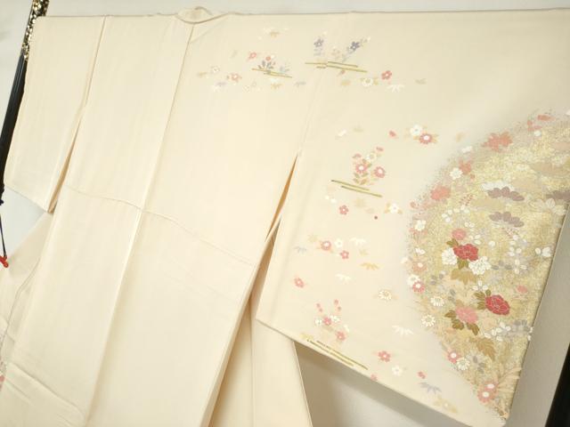 平和屋着物●訪問着　駒刺繍　扇面草花文　暈し染め　金銀彩　正絹　逸品　DABC2988ud