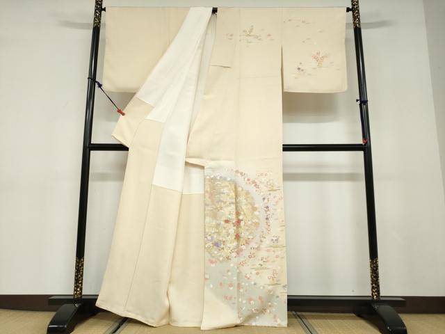平和屋着物●訪問着　駒刺繍　扇面草花文　暈し染め　金銀彩　正絹　逸品　DABC2988ud