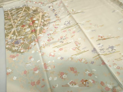 平和屋着物●訪問着　駒刺繍　扇面草花文　暈し染め　金銀彩　正絹　逸品　DABC2988ud