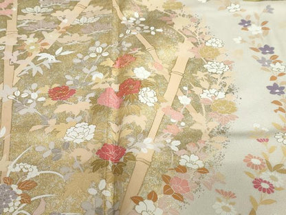 平和屋着物●訪問着　駒刺繍　扇面草花文　暈し染め　金銀彩　正絹　逸品　DABC2988ud
