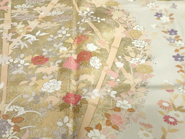 平和屋着物●訪問着　駒刺繍　扇面草花文　暈し染め　金銀彩　正絹　逸品　DABC2988ud