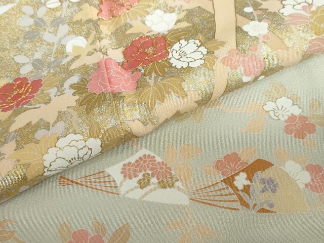 平和屋着物●訪問着　駒刺繍　扇面草花文　暈し染め　金銀彩　正絹　逸品　DABC2988ud